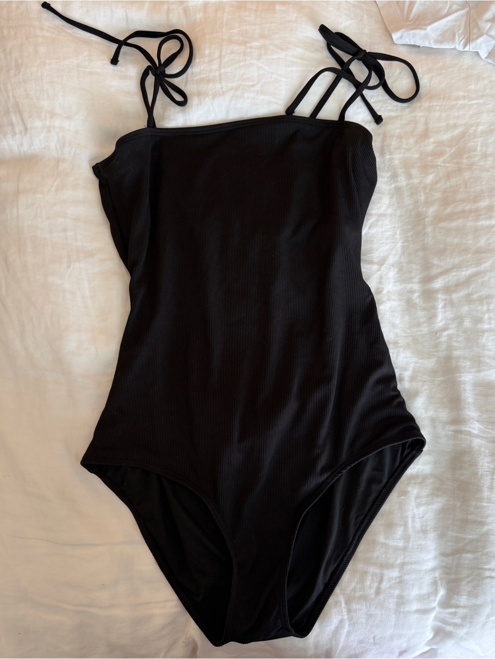 Black One-Shoulder Ribbed Tie-Strap One-Piece Swimsuit